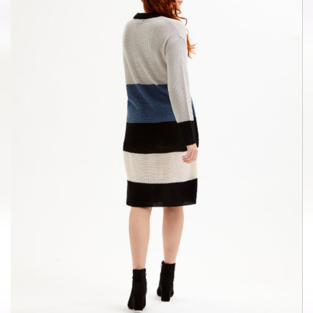 Dark Blue & White Stripe Shaker-Stitch Sweater Dress